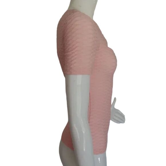 BEBE Top, S, Pink Textured Activewear, Rhinestone LOGO, Keyhole, Short sleeves - Picture 5 of 12